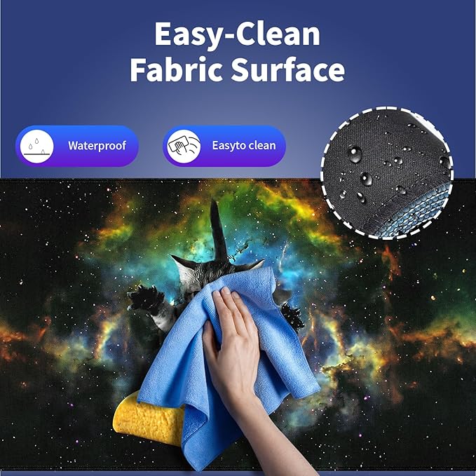 Extended XXL Gaming Mouse Pad with Stitched Edges for PC Home & Office - Curious Cat Flying Through Galaxy Space Reaching for a Taco Cute Kitten Funny Design, Smooth Fabric Surface Large Desk Mat