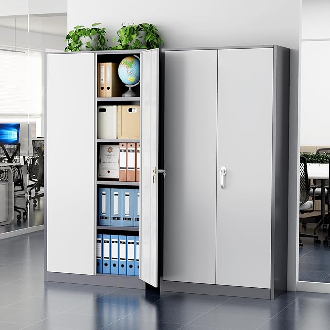 Greenvelly Metal Storage Cabinet with Doors and Shelves, 72'-Inch Locking Metal Cabinet for Garage, Office, School, Warehouse (White Gray)