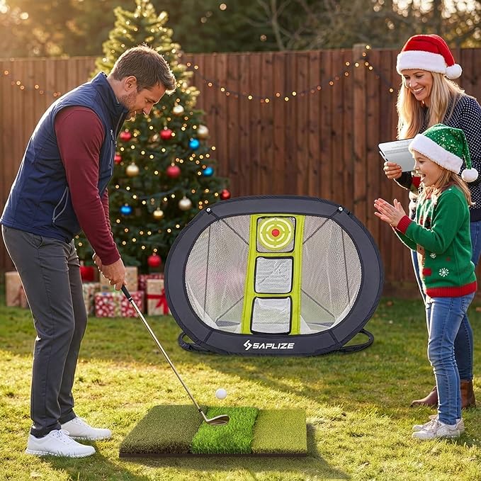 SAPLIZE Ultra-Stable Golf Chipping Net Set with Pop-Up Target, Tri-Turf Mat, Foam Practice Balls, Tees and Scoring Board for Indoor and Outdoor Chipping Accuracy and Swing Training