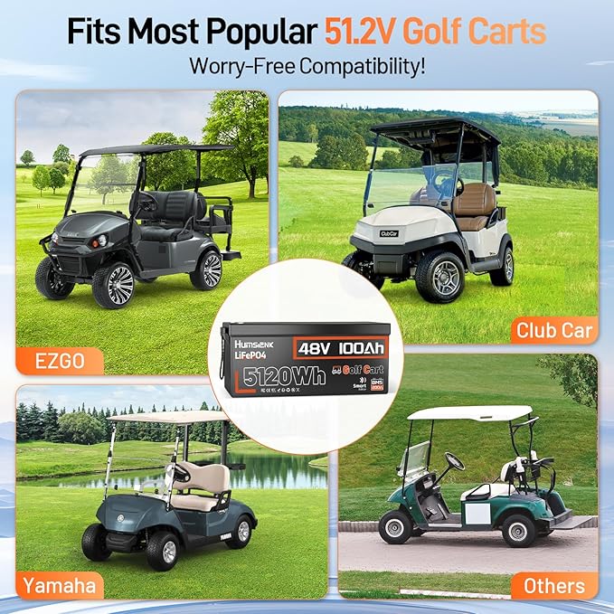HumsiENK 48V 100Ah Golf Cart LiFePO4 Lithium Battery Bluetooth Monitor with 15A Charger, 15000+ Cycles Battery with Peak Current 600A & Group 8D, 200A BMS with Low-Temp Protection for Golf Carts