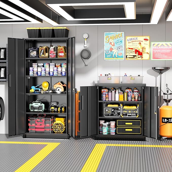 Greenvelly Metal Garage Cabinet, 36" H Locking Metal Storage Cabinet with 2 Doors and Adjustable Shelves, Black Steel File cabinets for Home Office, Garage and Utility Room (32" W x 16" D)