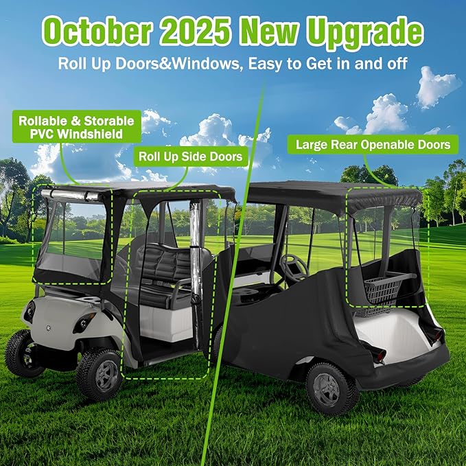 2-Person Golf Cart Rain Enclosure for EZGO TXT/RXV | All-Weather Waterproof Driving Cover with 600D Fabric & 4-Side Clear PVC Windows | Windproof & Full Protection