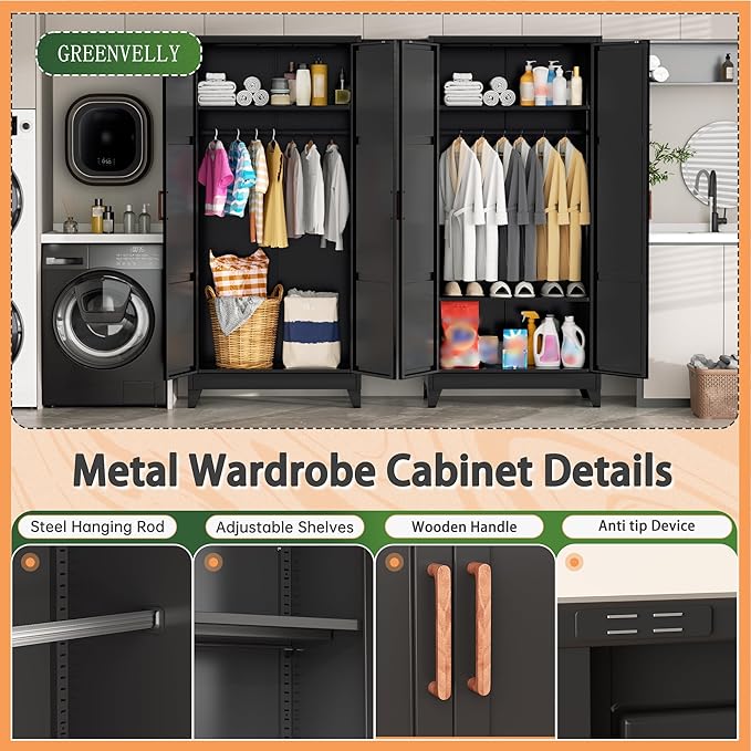Greenvelly Metal Wardrobe Cabinet, 19" D x 36" W x 72" H Metal Wardrobe Closet with Hanging Rods and Adjustable Shelves,Clothing Storage Closet Cabinet for Bedroom, Cloak Room, Laundry Room (Black)