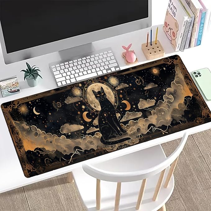 Mystical Black Cat Gaming Mouse Pad, Office Desk Mat, Anti-Slip Rubber Base Cool Aesthetic Mouse Pads for Computer Laptop Keyboard School Home Desktop Gamer Home Accessories Decor 31.5" x 11.8"