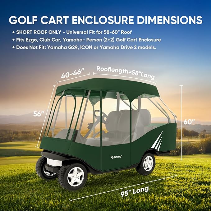 Rosefray Golf Cart Enclosure, 2+2 Drivable Rain Cover, Short Roof 58" - EZGO, Club Car - Durable Door Zipper - 4 Seater Golf Cart Cover Glowing at Night