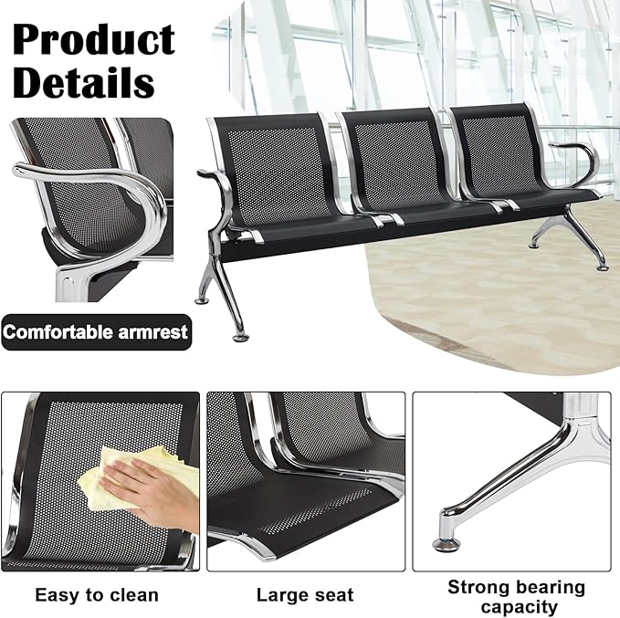 kinbor Waiting Room Chairs - 3 Seat Office Guest Reception Chairs Waiting Furniture Bench Seating for Airport, Bank, Hospital, Salon
