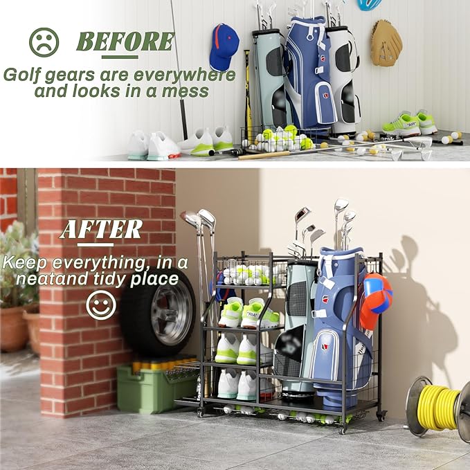 ROOMTEC Golf Bag Storage Garage Organizer,Golf Club Bag Storage Rack for Garage, Extra Storage Rack for Golf Clubs,Golf Bag Organizer Fit for Garage,Shed,Basement
