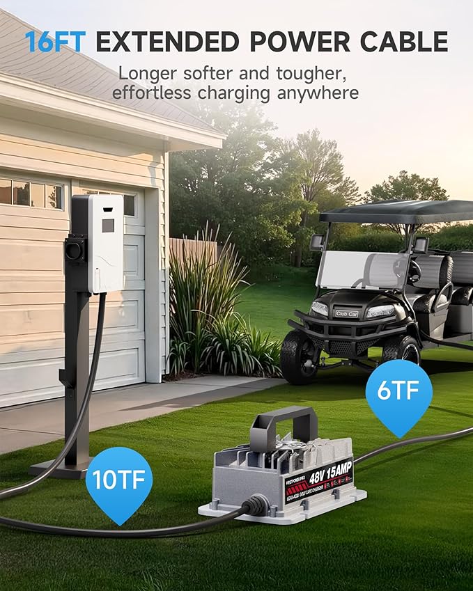 Golf Cart Charger, 48V 15A Golf Cart Battery Charger for EZGO RXV & TXT with 3 Pin Triangular, 4-6H Fast Full Charge Trickle Charge, Lead Acid Battery Charger-IP67 Waterproof with Fan Design