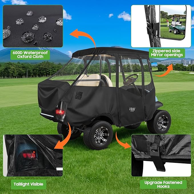10L0L Golf Cart 4 Passenger Enclosure for Club Car Precedent Short Roof 57.5" Deluxe 600D Golf Cart Heavy Duty Rain Cover with 4 Zipped Doors Clear PVC Windows (Latest Improved Version)