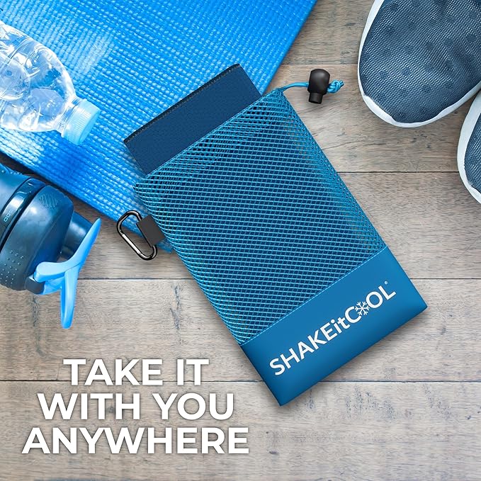 SHAKEitCOOL Extended Size Cooling Towel – Be Cool in Style - Heat Relief, Soft, Lightweight, Sun Protection, Easy Clean - Perfect for Biking, Hiking, Running, Yoga, Golf, Gardening - Blue M