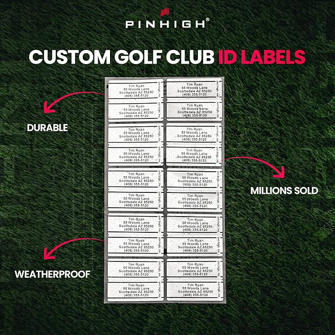 PIN HIGH Personalized Golf Club ID Labels | Weatherproof, Fade Resistant, Laminated Thermal Transfer Labels, Made in The USA, (Free Customization & Shipping), Set of 20, Gold