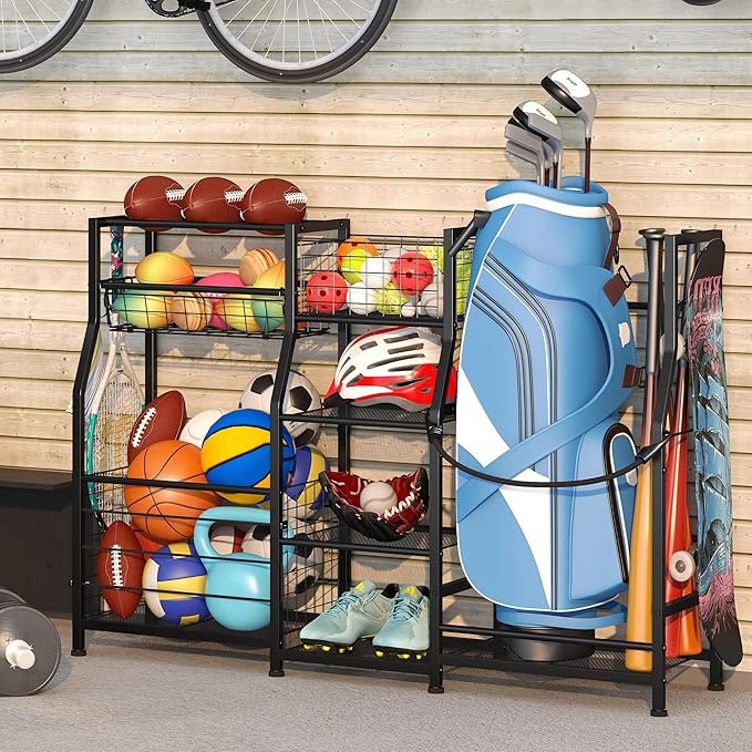 Sonyabecca Golf Bag Stand Golf Storage Organizer for Garage with Basket and Hooks, Storage Rack for 2 Golf Bag, Golf Gift for Men Sports Equipment Organizer, Two Assembly Methods