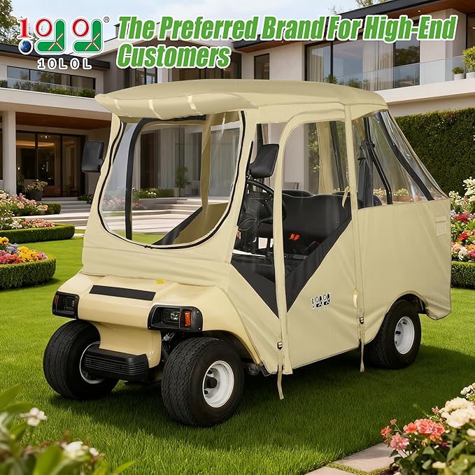 10L0L Golf Cart Driving Enclosure for Club Car DS, 2/4 Passenger Short Roof, Waterproof Windproof Heavy Duty 600D Rain Cover with 4-Sided Clear Windows & Durable Door Zipper All-Weather Protection