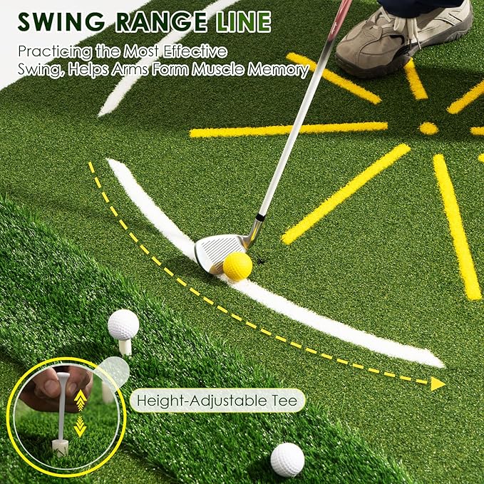 Golf Mat with Dual Turf, 5x4ft Thickened Golf Hitting Mat with Standing Guide-Line & Swing Path Line, Practice Mats for Indoor or Outdoor Use, Gifts for Men Dad & Golfers