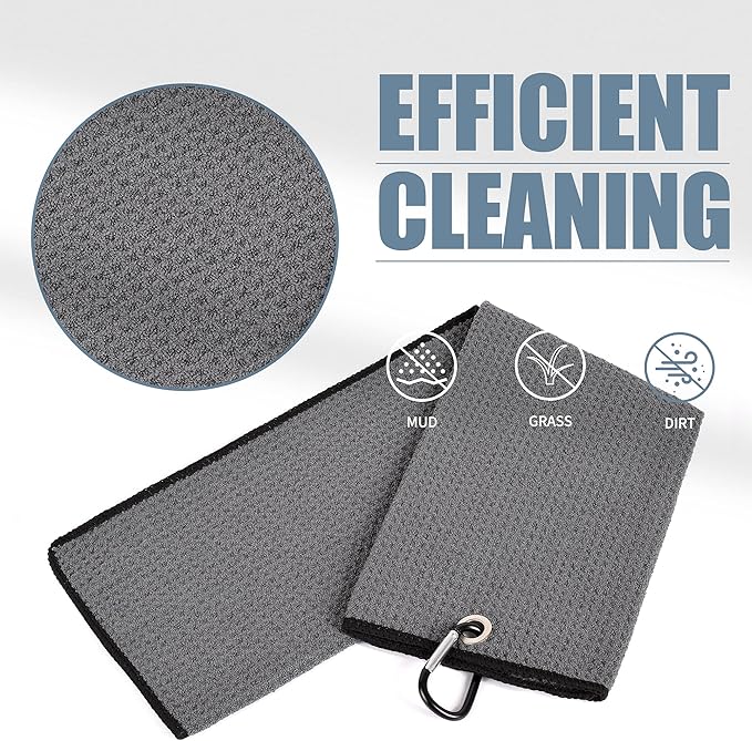 Mile High Life Tri-fold Golf Towel | 16" X 24" | Premium Microfiber Fabric | Waffle Pattern | with Heavy Duty Carabiner Clip | for Men and Women (2 Pack Dark Gray)