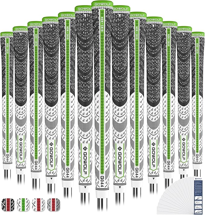 Gowolf Premium Cross Corded Natrual Rubber Golf Grips 13 Pack, Back Rib Improved Control Multi-compound Hybrid Golf Club Grips with 15pc Tapes or Full Kits