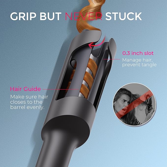 TYMO Automatic Rotating Curling Iron - TYMO CURLPRO Beach Waves Curling Wand, Portable Hair Curler, 500 Million Ionic, Dual Voltage & Lightweight for Travel, Ceramic Coating, 1 1/4 Inch, Metallic Gray