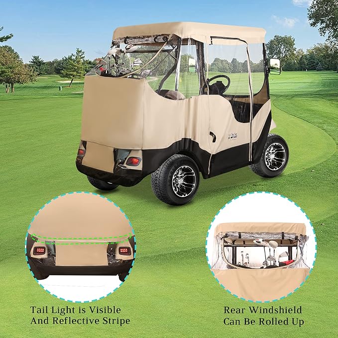 10L0L 2/4 Passenger Golf Cart Driving Enclosure for EZGO TXT/RXV Model, 4-Sided Clear Window 600D Rain Cover All Weather Windproof Waterproof - Black/Beige