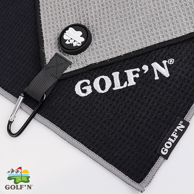 Golf'N Microfiber Towel - Magnetic Golf Towel Dark Gray 16" x 24" Golf Towels for Golf Bags with N52 Heavy Duty Magnets, Carabiner Clip & Cross Stitched Reinforced Loop, Premium Golf Accessories