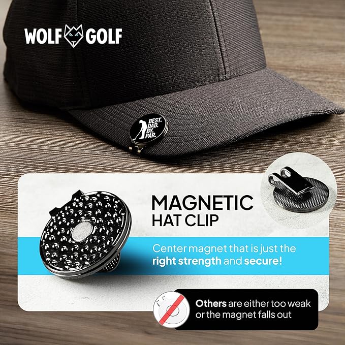 Wolf Golf Towels Golf Ball Marker Hat Clip Gift Set | Best Dad by Par | | 1 Magnetic Clip + 3 Ball Markers | Golf Accessories for Men