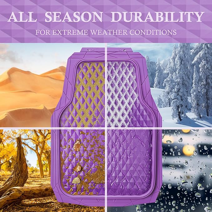 CAR PASS Heavy Duty Rubber Car Mats, Deep Dish All-Weather Floor Mat for Car Full Set Durable Anti-Slip 3D Rhombus Waterproof Trim to Fit Liner Universal Fit Automotive,Sedan,SUV,Truck, 3 Pcs Purple