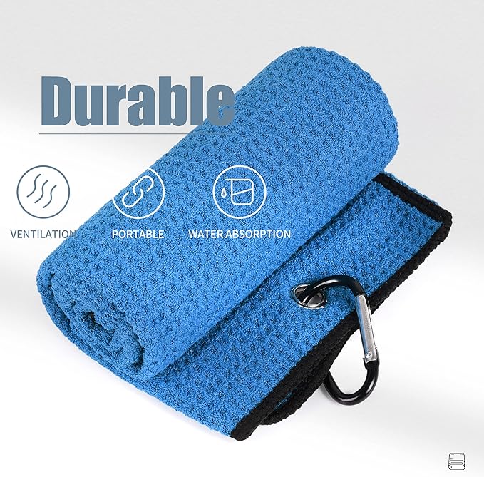 Mile High Life Tri-fold Golf Towel | 16" X 24" | Premium Microfiber Fabric | Waffle Pattern | with Heavy Duty Carabiner Clip | for Men and Women (2 Pack Blue)