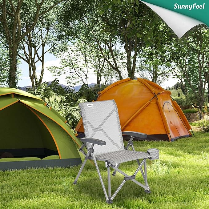 SUNNYFEEL Ergonomic High-Back Camping Chair - 1 Second Folding Chair with 500lbs Capacity, Breathable Back Support for Outdoor, Lawn, Hiking, Fishing (Grey)