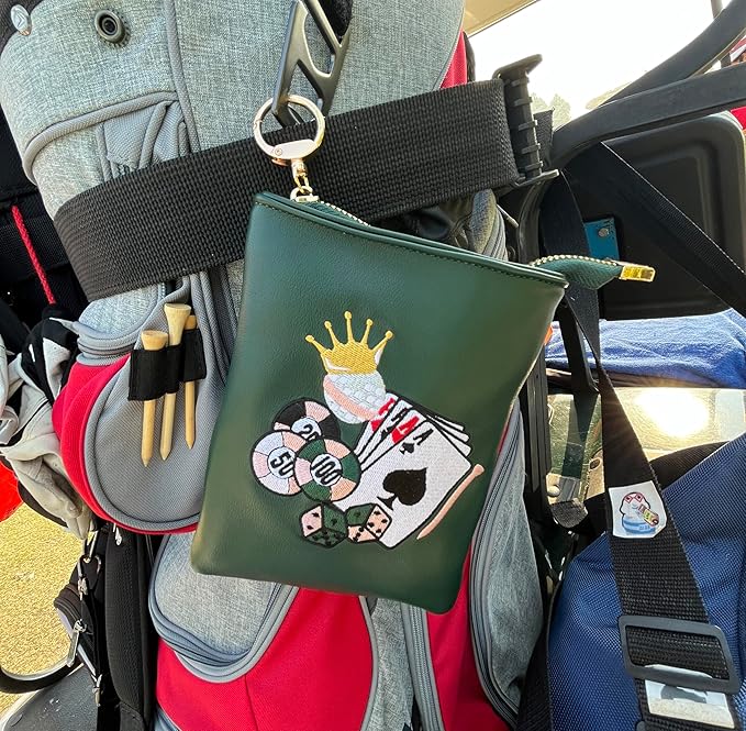 PINKTEE Golf Valuables Pouch Funny Golf Accessories Bag with Zipper Master Green Premiun Leather Golf Tee/Ball Pouch for Women Men (CASINO QUEEN, Pink stripe)