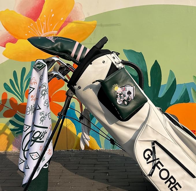 PINKTEE Golf Valuables Pouch Funny Golf Accessories Bag with Zipper Master Green Premiun Leather Golf Tee/Ball Pouch for Women Men (CASINO QUEEN, White stripe)