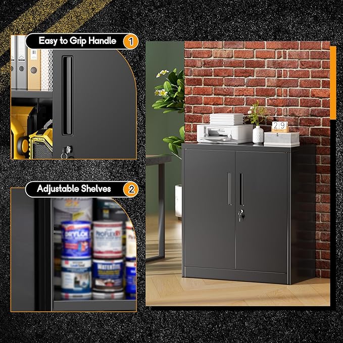 Greenvelly Metal Garage Cabinet, 36" H Locking Metal Storage Cabinet with 2 Doors and Adjustable Shelves, Black Steel File cabinets for Home Office, Garage and Utility Room (32" W x 16" D)