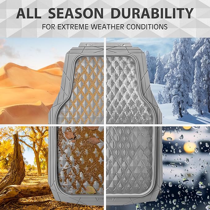 CAR PASS Heavy Duty Rubber Car Mats, Gray Deep Dish All-Weather Car Floor Mat Full Set Durable Anti-Slip 3D Rhombus Waterproof Trim Fit Liner Universal Fit Automotive,Sedan,SUV,Truck, 3 Pcs Light Gray
