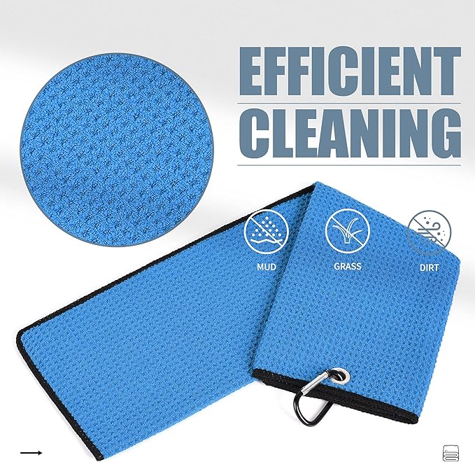Mile High Life Tri-fold Golf Towel | 16" X 24" | Premium Microfiber Fabric | Waffle Pattern | with Heavy Duty Carabiner Clip | for Men and Women (2 Pack Blue)