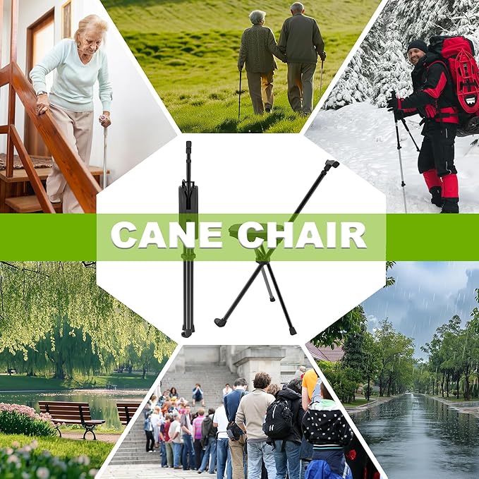 Portable Walking Stick with Cushion, Adjustable Height Cane with Seat, Portable Cane Stool, Lightweight Aluminum, Capacity 550 Lbs, for Camping, Hiking, Climb, Anti-Slip with Carry Bag