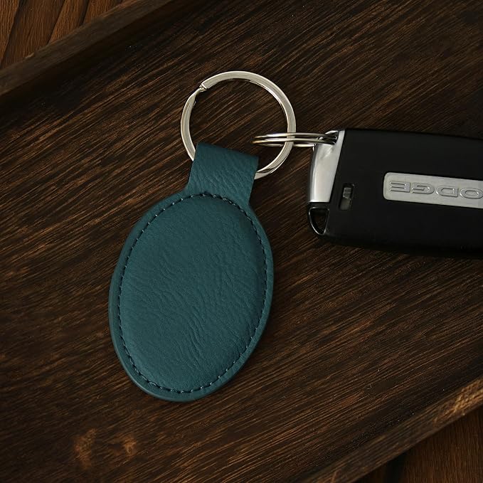 LaserGram Oval Keychain, Palm Trees, Personalized Engraving Included (Slate Blue)