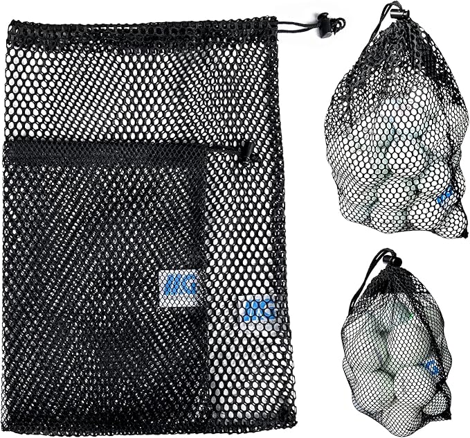 Mesh Bags with Drawstring - 2 Pack Nylon Golf Ball Storage Mesh Bags Sports Equipment Organizer Sack for Collecting Half Balls, Tennis, Toys, Beach, Travel