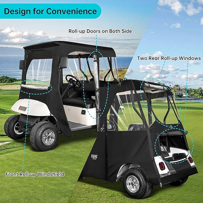 10L0L 2/4 Passenger Golf Cart Driving Enclosure for EZGO TXT/RXV Model, 4-Sided Clear Window 600D Rain Cover All Weather Windproof Waterproof - Black/Beige