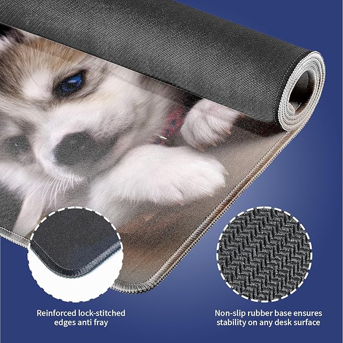 Wknoon. Extra Large Gaming Mouse Pad (31.5" x 11.8") with Durable Stitched Edges – Adorable Siberian Husky Puppies in Wooden Crate, Anti-Slip Rubber Base & Smooth Fabric Surface Extended XXL Desk Mat
