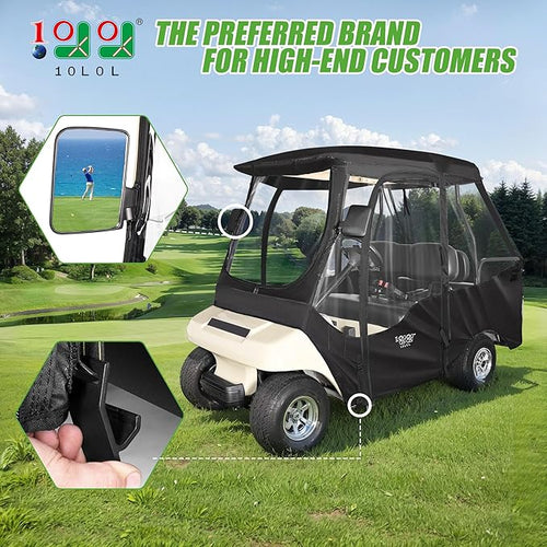 10L0L Golf Cart Driving Enclosure for Club Car DS, 2+2 Passenger Short Roof, Waterproof Windproof Heavy Duty 600D Rain Cover with 4-Sided Clear Windows & Durable Door Zipper, All-Weather Protection