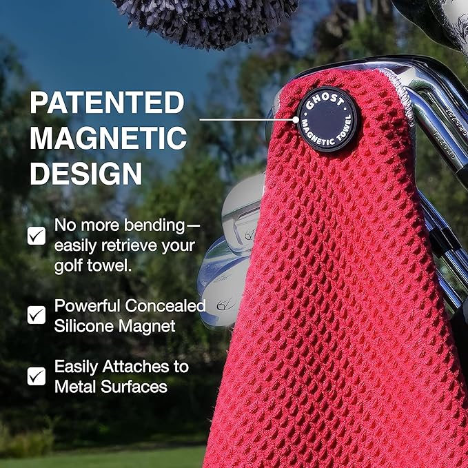 Ghost Golf Magnetic Towel (Greenside) - Premium Ultra-Absorbent Microfiber Golf Towel with Magnet for Golf Carts or Clubs - 18" x 18" Golfing Gear - Waffle Weave Pattern (Red)