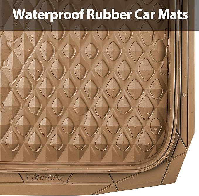CAR PASS Heavy Duty Rubber Car Mats, Deep Dish All-Weather Floor Mat for Car Full Set Durable Anti-Slip 3D Rhombus Waterproof Trim to Fit Liner Universal Fit Automotive,Sedan,SUV,Truck, 3 Piece Beige