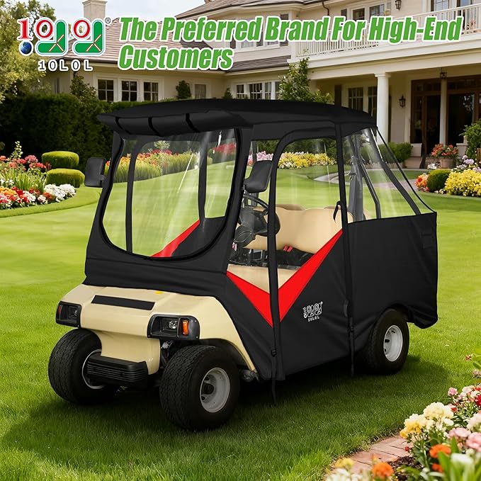 10L0L Golf Cart Driving Enclosure for Club Car DS 2/4 Passenger Short Roof Waterproof Windproof Heavy Duty 600D Rain Cover with 4-Sided Clear Windows & Durable Door Zipper, All-Weather Protection