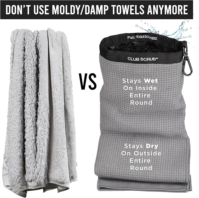 Club Scrub Towel Pro, Golf Club and Ball Cleaning Pouch with Attached Towel, Waterproof Exterior, Clean Face Technology Liner, Machine Washable, Cleans Club Grooves, Waffle-Weave Microfiber