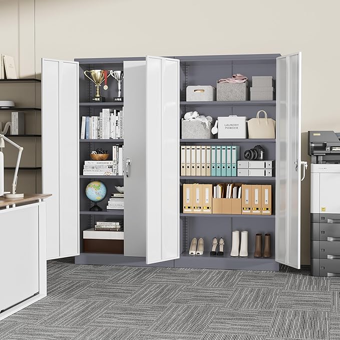 SUNCROWN 72" Metal Storage Cabinet - Heavy-Duty Metal Garage Cabinet with 4 Adjustable Shelves & 2 Doors for Tools, Office, Home, Workshop,Grey & White-Small