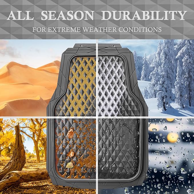 CAR PASS Heavy Duty Rubber Gray Car Floor Mats & Cargo Liners, Deep Dish All-Weather Trunk Mats Durable Anti-Slip 3D Rhombus Waterproof Trim to Fit Liner Universal Fit Auto,Sedan,SUV,Truck, Gray