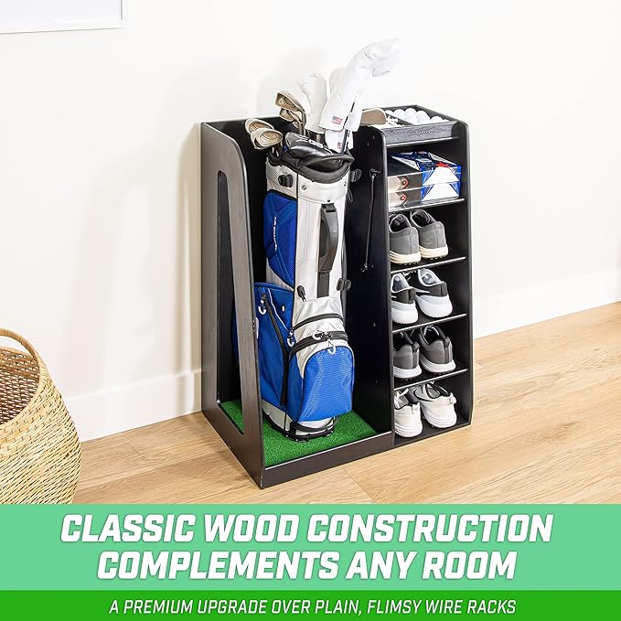 GoSports Premium Wooden Golf Bag Organizer and Storage Rack - Black, White or Brown Finish