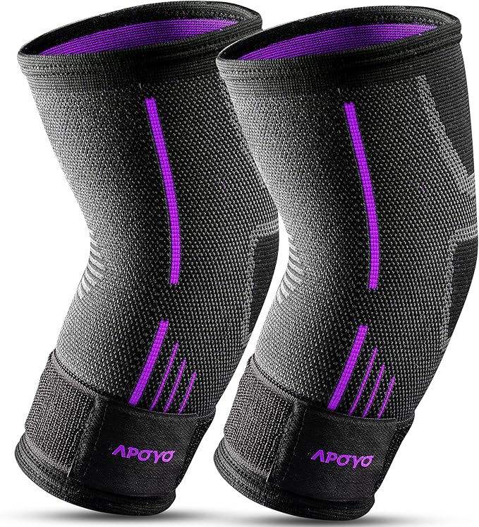 APOYO Elbow Brace for Tendonitis and Tennis Elbow, Elbow Compression Sleeve, Elbow Brace for Women and Men w/ Adjustable Strap for Tennis Elbow Relief, Weightlifting, Arthritis, Workouts, Reduce Joint Pain During Fitness Activity (Purple (Pair), Small)