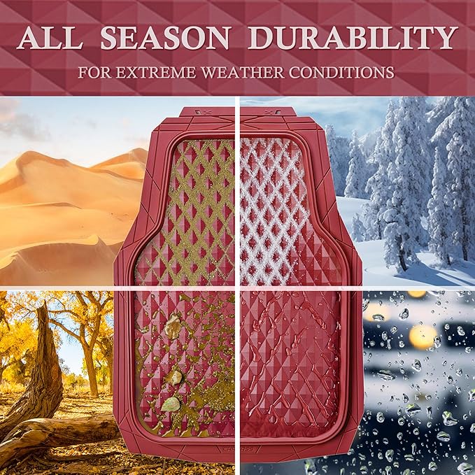 CAR PASS Heavy Duty Rubber Red Car Floor Mats & Cargo Liners, Deep Dish All-Weather Trunk Mats Durable Anti-Slip 3D Rhombus Waterproof Trim to Fit Liner Universal Fit Auto,Sedan,SUV,Truck, Burgundy