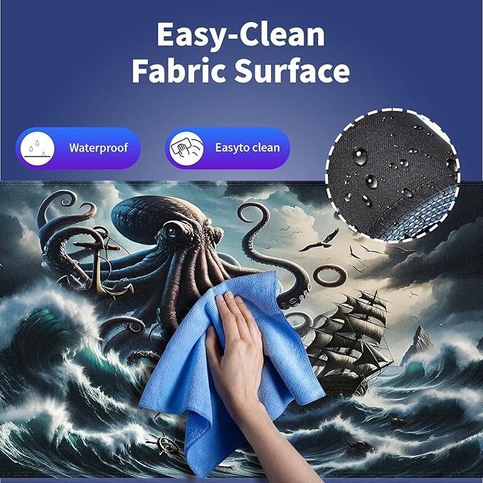 Wknoon. Extra Large Gaming Mouse Pad (31.5" x 11.8") with Durable Stitched Edges – Giant Kraken Octopus Monster Huge Ocean Waves & Sail Boat, Fantasy Sea World At Storm Nautical Adventure XXL Desk Mat