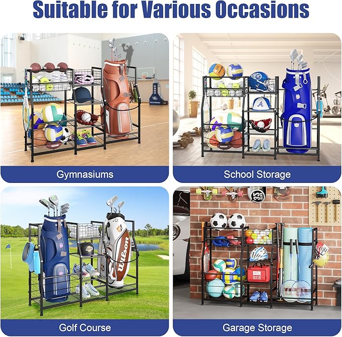 Sonyabecca Golf Bag Stand Golf Storage Organizer for Garage with Basket and Hooks, Storage Rack for 2 Golf Bag, Golf Gift for Men Sports Equipment Organizer, Two Assembly Methods