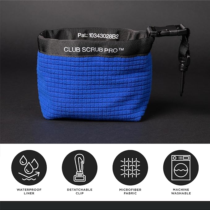 Club Scrub Golf Club and Golf Ball Cleaning Bag, Waterproof Clean Face Technology Liner, Detachable Clip, Machine Washable, Cleans Club Grooves, Dry Exterior (Neoprene or Microfiber Option Available)
